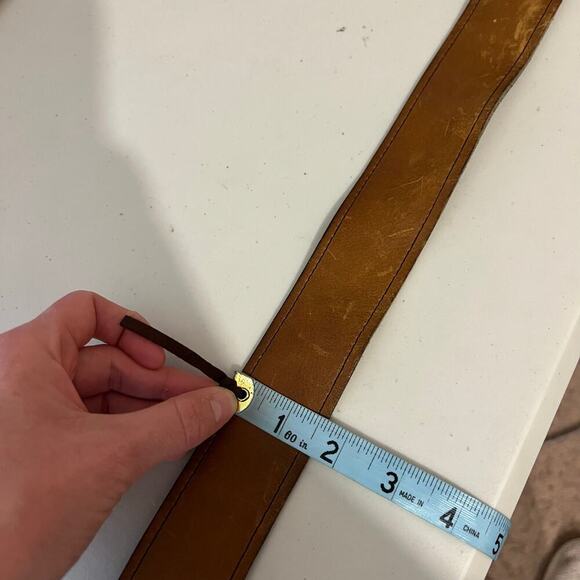 Vintage 90s Soft Tan Genuine Leather Chunky Brass Buckle Belt Size M/L - Picture 9 of 12